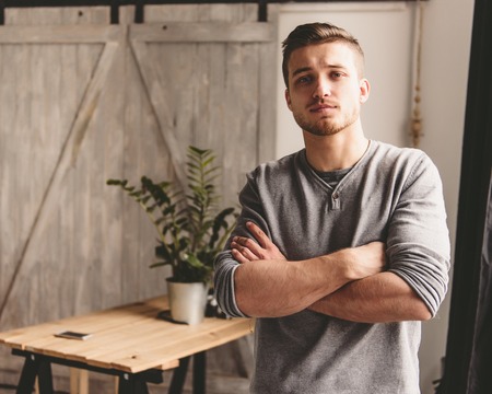 Portrait of sexy man indoor. Young Hipster manの写真素材