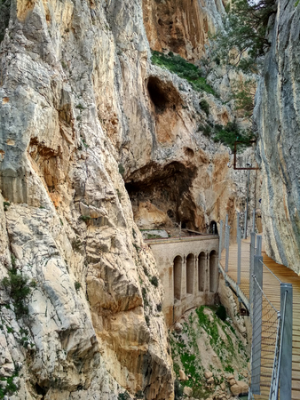 Wide angle view of 'El Caminito del Rey' King's Little Path footpath, one of the most Dangerous in the world, reopened in 2015. Malaga, Spain.の写真素材
