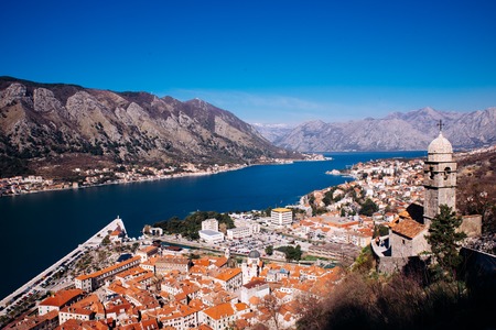 Kotor, Montenegro. Bay of Kotor bay is one of the most beautiful places on Adriatic Sea, it boasts the preserved Venetian fortress, old tiny villages, medieval towns and scenic mountainsの写真素材