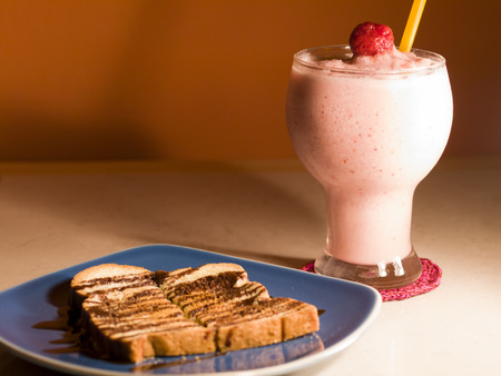 strawberry smoothie  bread toastedの写真素材