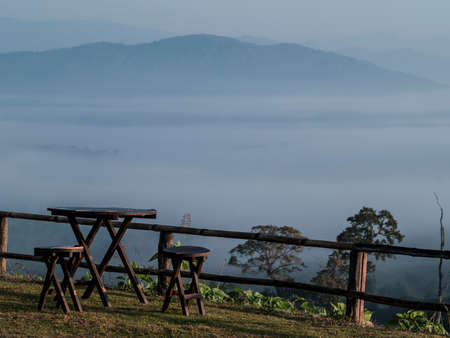 misty morning sunrise in mountain at Pai Maehongson,Thailandの写真素材