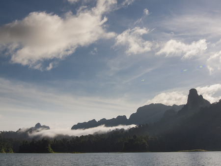 landscape with mountains trees and a lake in front