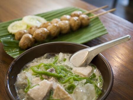 thai desserts, noodles made of rice eaten with coconut creamの写真素材