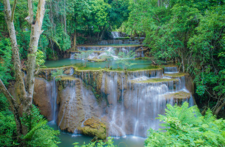 Landscape Huai Mae Kamin waterfall Srinakarin Dam in Kanchanaburi, Thailand.の写真素材