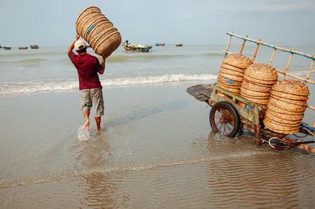 Fish basket of fishermen in Phan Thiet sea area.