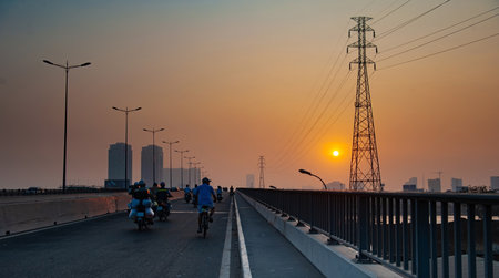 Bike traffic on the bridge in the evening, HoChiMinh city VietNamの写真素材