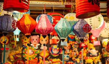 Lantern market on Mid-Autumn Festival is crowded with peopleの写真素材