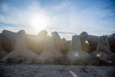 Concrete blocks on the beach at sunset, La Palma, Canary Islands, Spainの写真素材