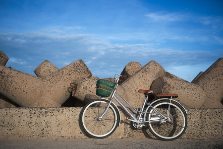 Bicycle with a basket against a textured stone wall under a blue sky.
