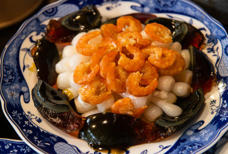 Close up of a bowl of asian chinese soup with shrimpの写真素材