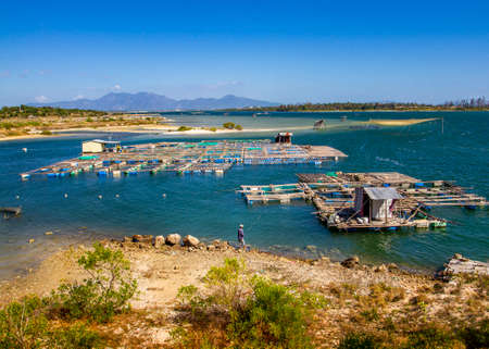 Panoramic aerial view of the fishing village of Agios Nikolaos, Crete, Greeceの写真素材