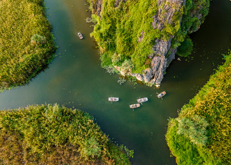 Aerial view of the small fishing boats on the river, Thailandの写真素材