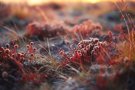 Frosty grass in the autumn morning. Shallow depth of field.の素材