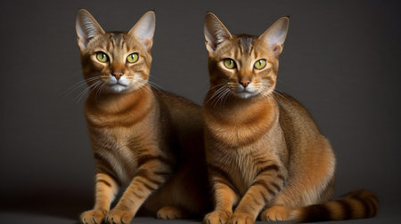 Two beautiful Abyssinian cats on a gray background. Studio shot.の素材