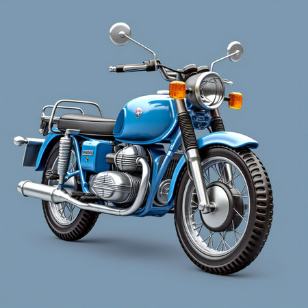 Classic blue motorcycle on a gray background.の素材