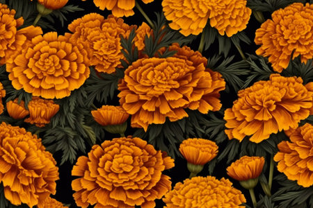 Orange marigold flowers on black background. Floral pattern.の素材