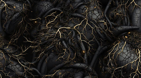 black background with golden veins and cracks.の素材