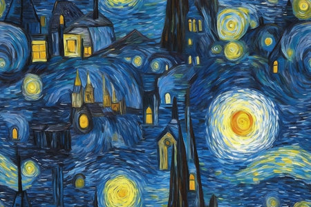 Hand drawn illustration of the night city with moonlight and clouds.の素材