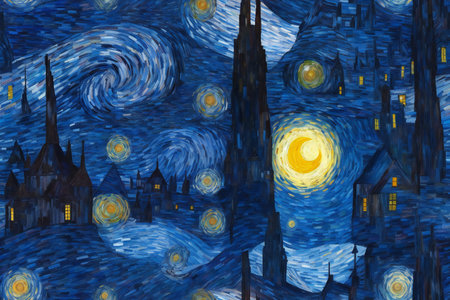 Night cityscape with moon and stars in the sky. Digital painting.の素材