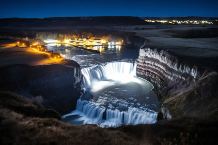 Gullfoss waterfall at night, Iceland. Long exposure.の素材