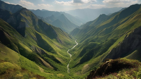 Beautiful mountain landscape with river in the valley. Caucasus Mountains, Georgia.の素材
