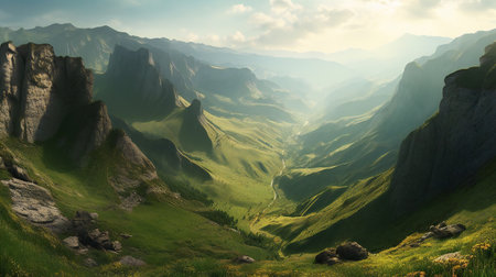 Mountain landscape with green grass and flowers at sunset.の素材