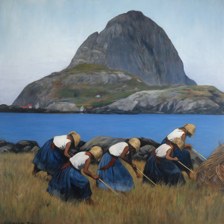Painting on canvas of two women in traditional clothing walking on the shore of Lofoten islands, Norwayの素材