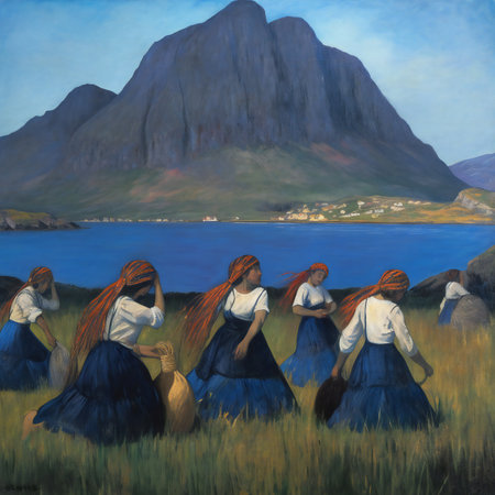 Digital painting of a couple of girls in a blue dress in the mountainsの素材