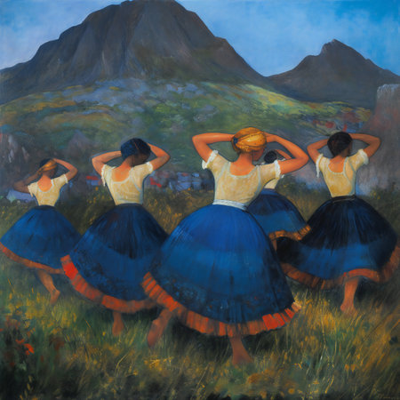 Digital painting of a group of flamenco dancers in a meadowの素材