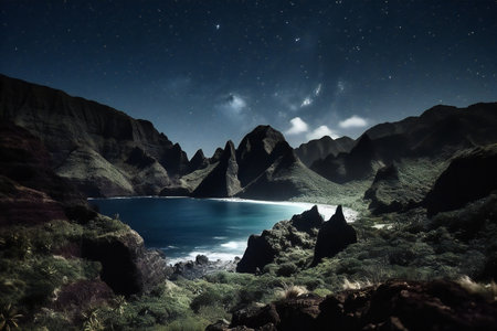 Fantasy alien planet. Mountain and lake at night.の素材