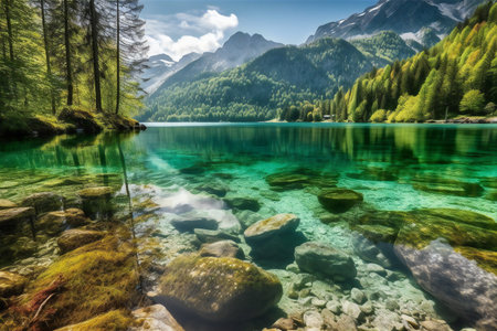 Beautiful alpine lake with crystal clear water. Long exposure.の素材