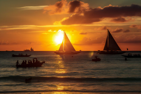 Tropical beach at sunset with sail boats and people silhouettesの素材