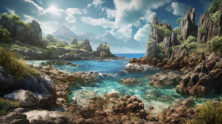 colorful fantasy landscape with sea and mountains.の素材