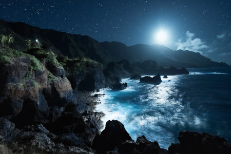 Beautiful night landscape with full moon and starry sky above the oceanの素材