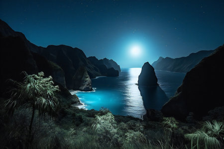 Moonlight over the sea at night. Fantasy landscape.の素材