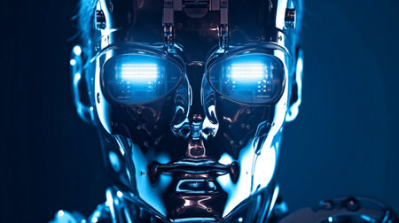 humanoid robot with eyeglasses in blue light.の素材
