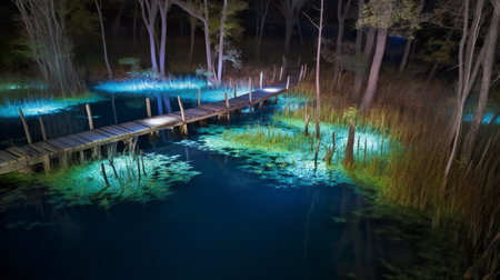 Wooden bridge over blue lake at night in a forest, long exposureの素材