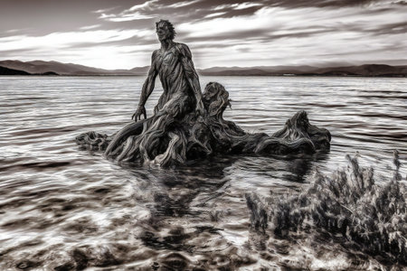 Beautiful seascape with a statue of a man in the waterの素材