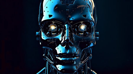 a robot head with blue lights on black backgroundの素材