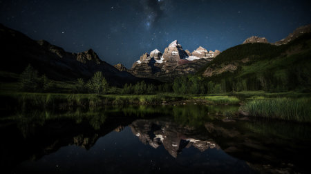 Milky Way over the mountain lake with reflection in the water.の素材