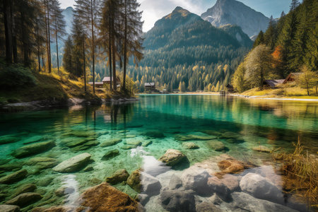 Beautiful view of alpine lake with crystal clear water in autumn, Dolomites, Italyの素材