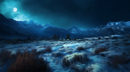Fantasy landscape with snow covered mountains and moonlight.の素材