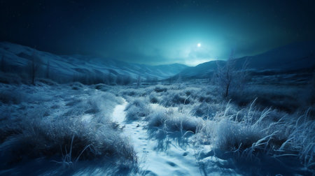 Fantasy winter landscape with path in snow and moonlight.の素材