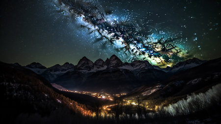 Milky way over the mountains at night, panoramic viewの素材