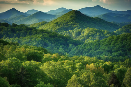 Mountain landscape in the summer. Green forest on the hillside.の素材