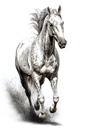 White horse with black mane running on a white background, sketchの素材