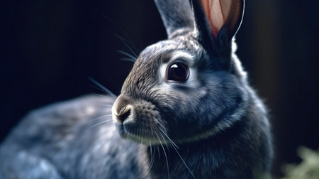 Close-up of a gray rabbit on a dark background. Easter bunnyの素材