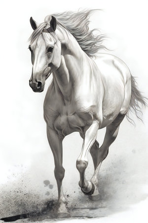 White horse running on a white background, digital painting, illustration.の素材