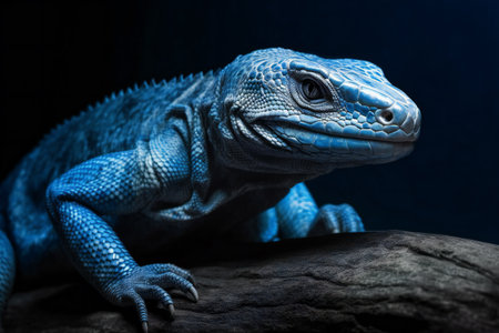 Blue iguana isolated on black background. Close up. Studio shot.の素材