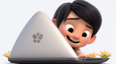 Cartoon character of a woman using a laptop computer,の素材